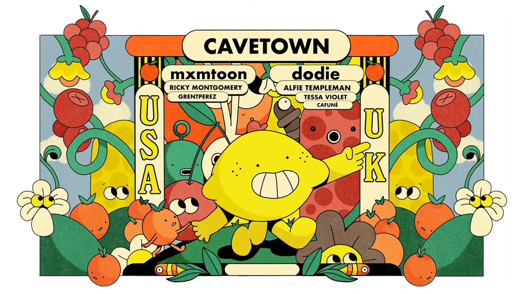 Promotional banner featuring Cavetown, mxmtoon, dodie, Ricky Montgomery, Alfie Templeman, Grentperez, Tessa Violet, and Cafune
